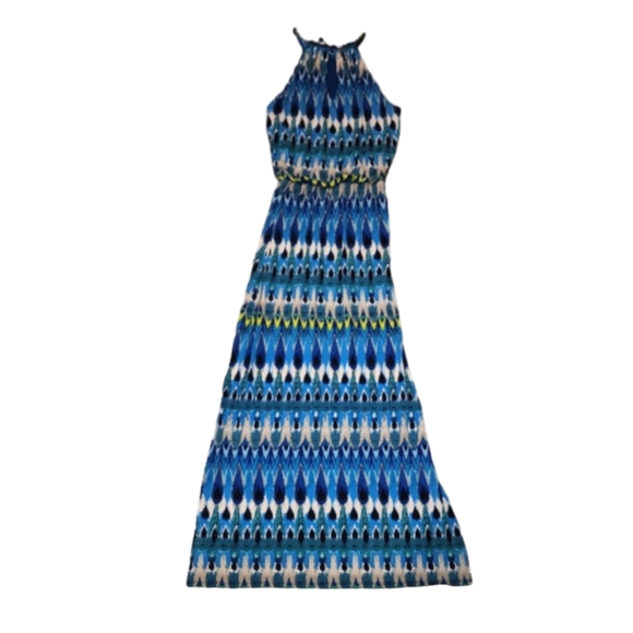 NEW Dress Barn Blue Patterned Maxi Dress w/Gold Chain Accent Collar Size: 6 - Picture 8 of 9